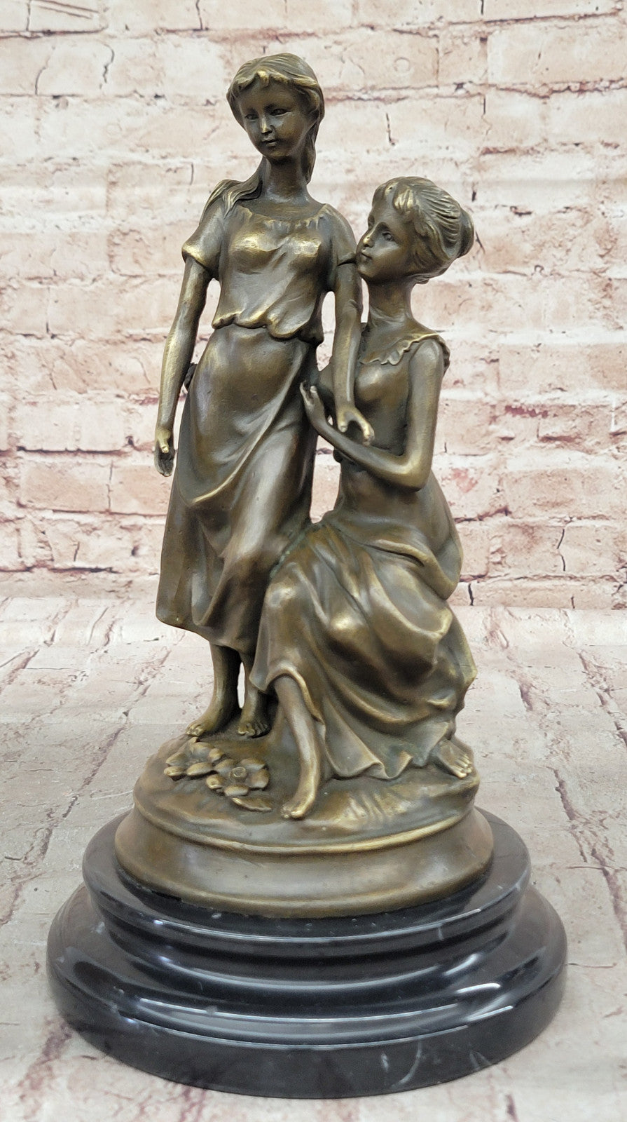 Handcrafted Bronze Sculpture of Two Sisters by M. Lopez, Classic Art Nouveau Figurine