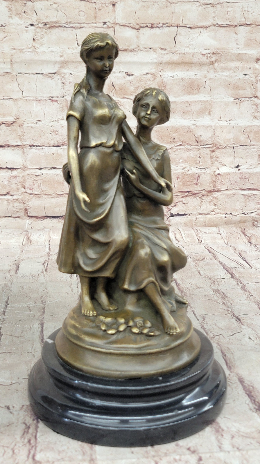 Handcrafted Bronze Sculpture of Two Sisters by M. Lopez, Classic Art Nouveau Figurine