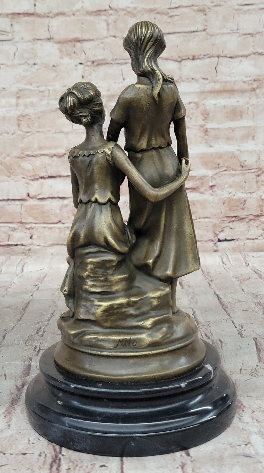 Handcrafted Bronze Sculpture of Two Sisters by M. Lopez, Classic Art Nouveau Figurine