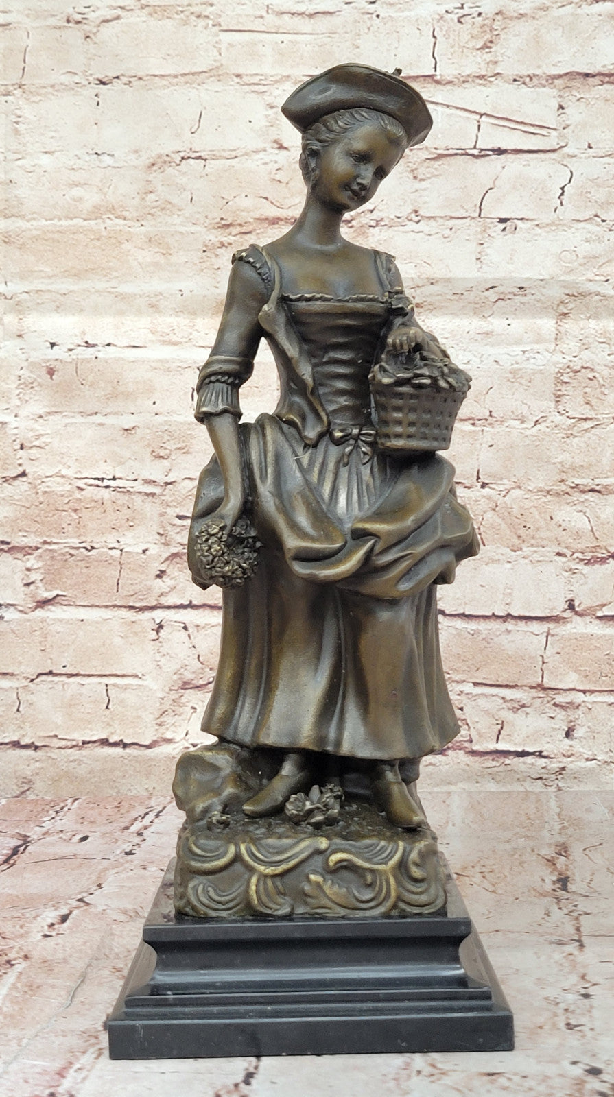 Bronze Victorian Female with Flower Basket Sculpture by Miguel Lopez Home Decor Art