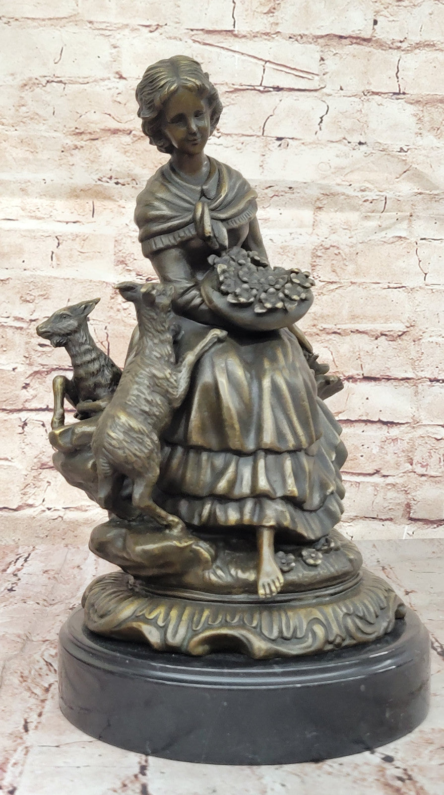 Bronze Sculpture of Victorian Woman Farmer with Goats Signed Hand Made Vintage Artwork