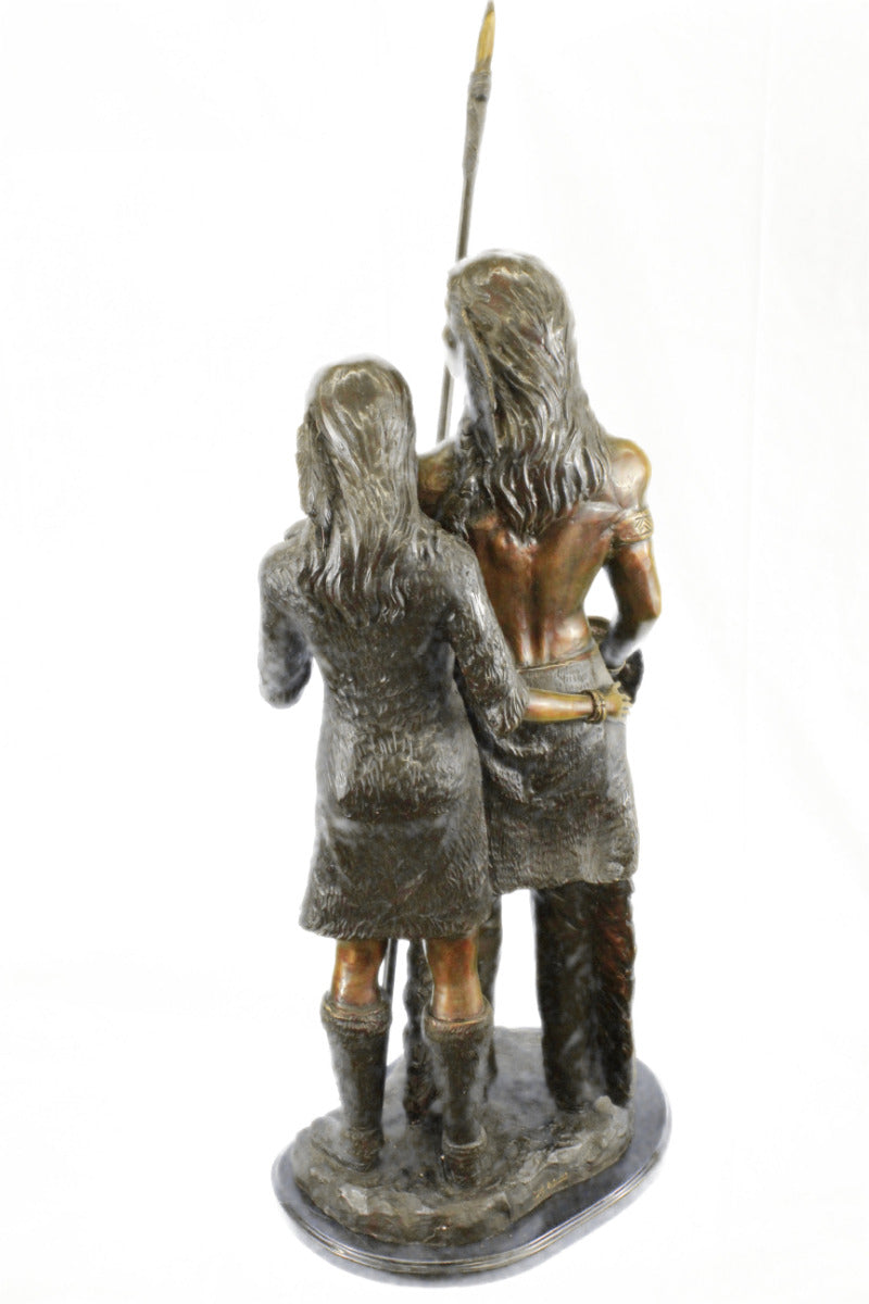 100% Solid Bronze Indian Male and Female Warrior with Spear Bronze Sculpture