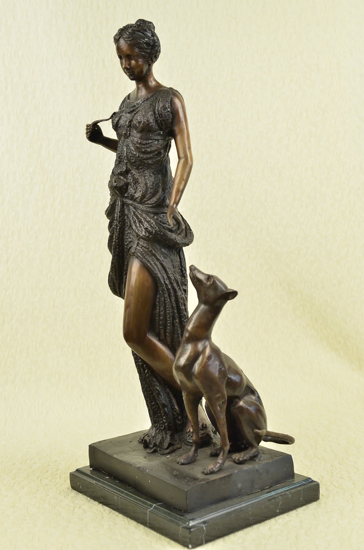 Signed Young Peasant Girl With Bronze Marble Sculpture Hot Cast Figure