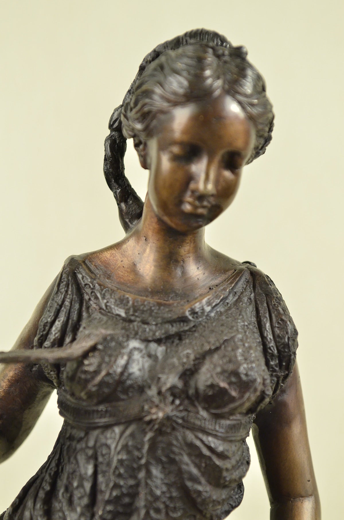 Signed Young Peasant Girl With Bronze Marble Sculpture Hot Cast Figure