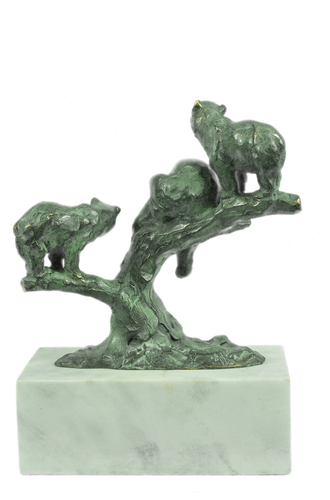 Art Deco Hot Cast 3 Brown Bears Bronze Sculpture on a White Marble Base Figurine