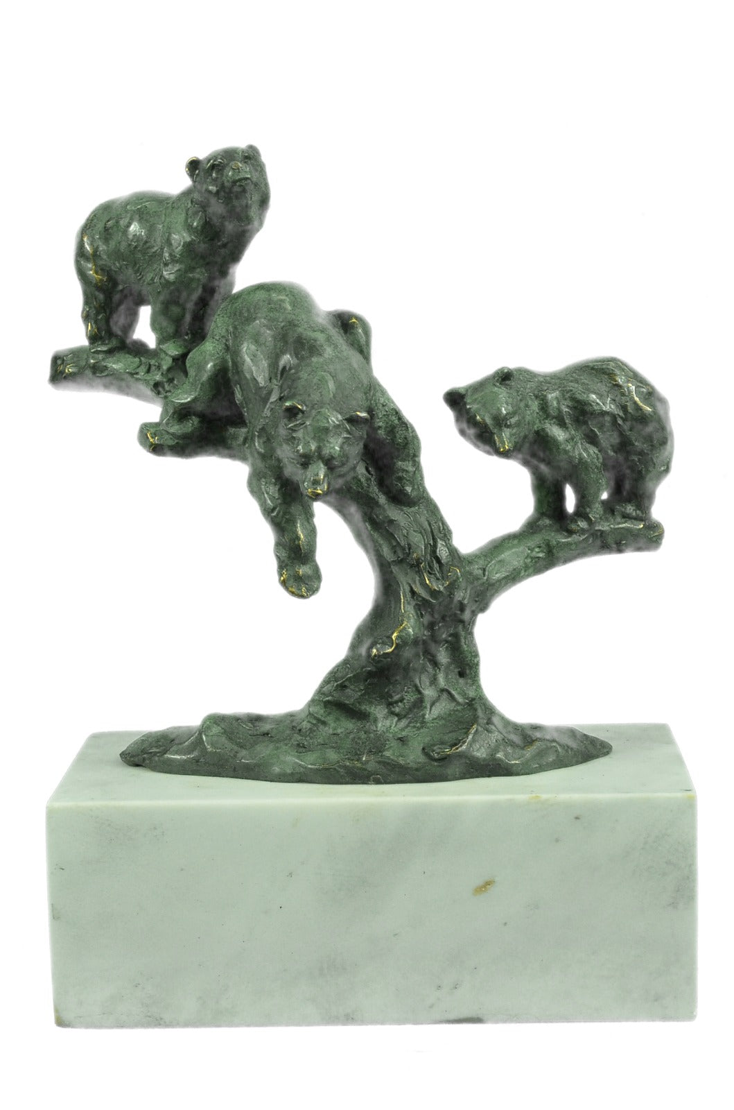 Art Deco Hot Cast 3 Brown Bears Bronze Sculpture on a White Marble Base Figurine