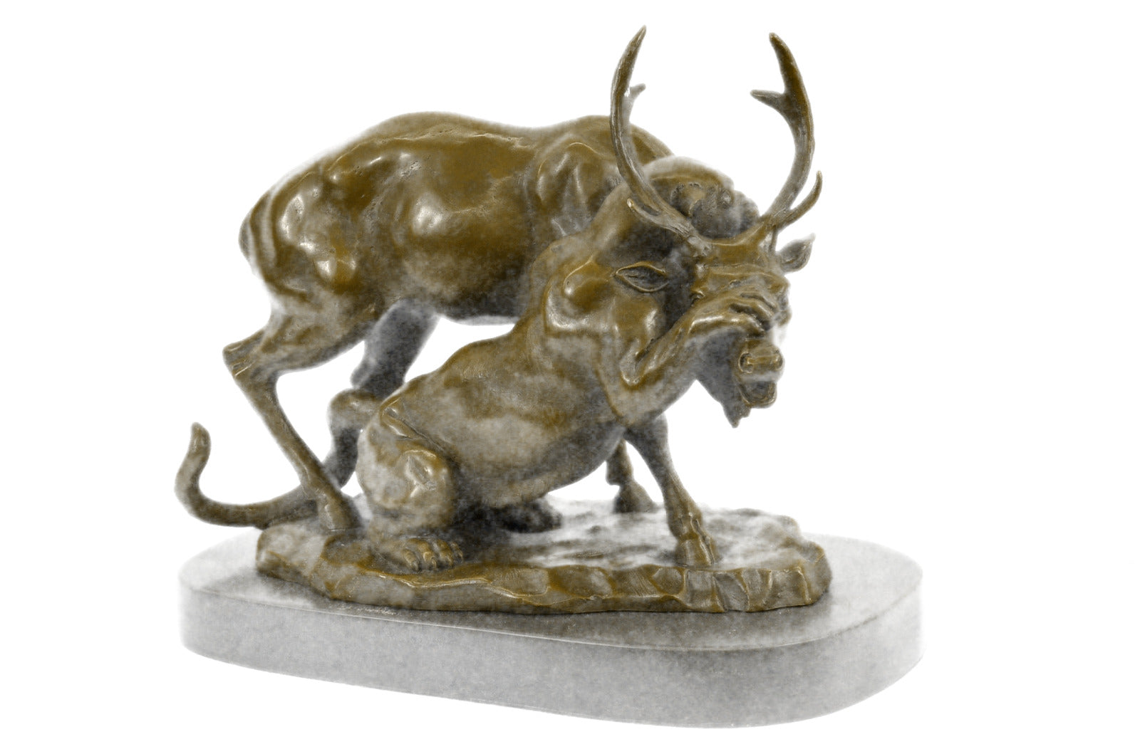 CONFRONTATION BETWEEN LION AND ELK DEER BRONZE STATUE SCULPTURE DÉCOR