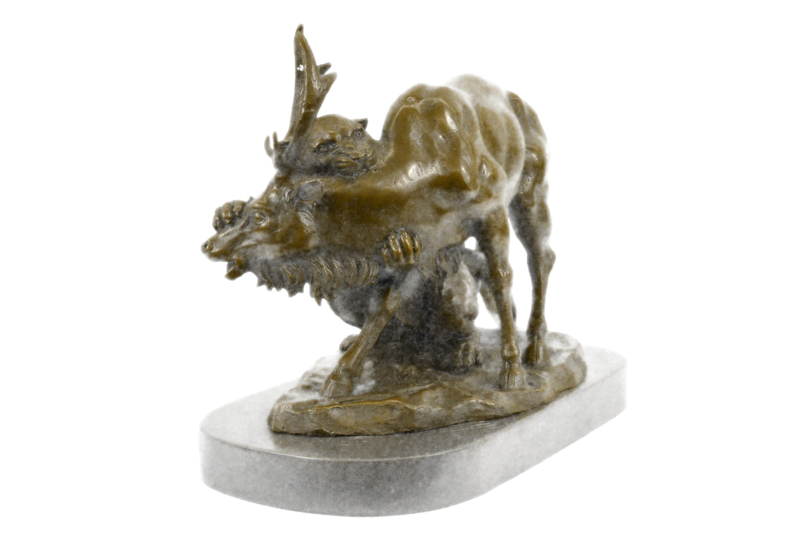 CONFRONTATION BETWEEN LION AND ELK DEER BRONZE STATUE SCULPTURE DÉCOR