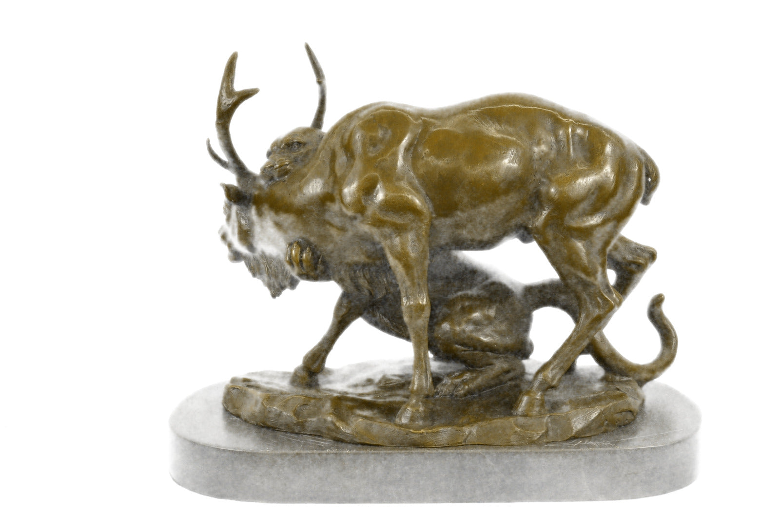 CONFRONTATION BETWEEN LION AND ELK DEER BRONZE STATUE SCULPTURE DÉCOR