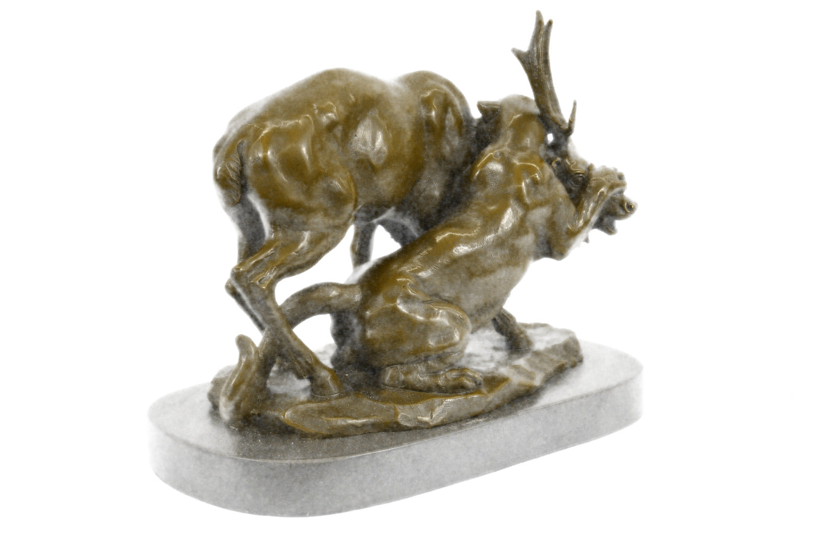 CONFRONTATION BETWEEN LION AND ELK DEER BRONZE STATUE SCULPTURE DÉCOR