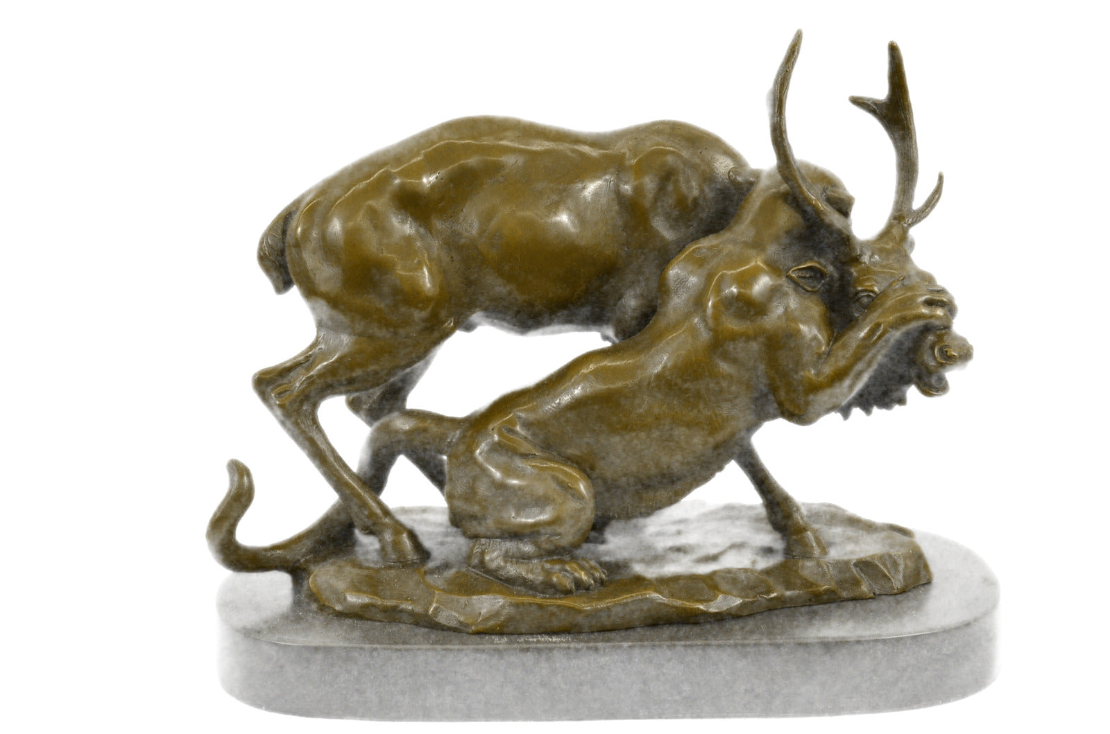 CONFRONTATION BETWEEN LION AND ELK DEER BRONZE STATUE SCULPTURE DÉCOR