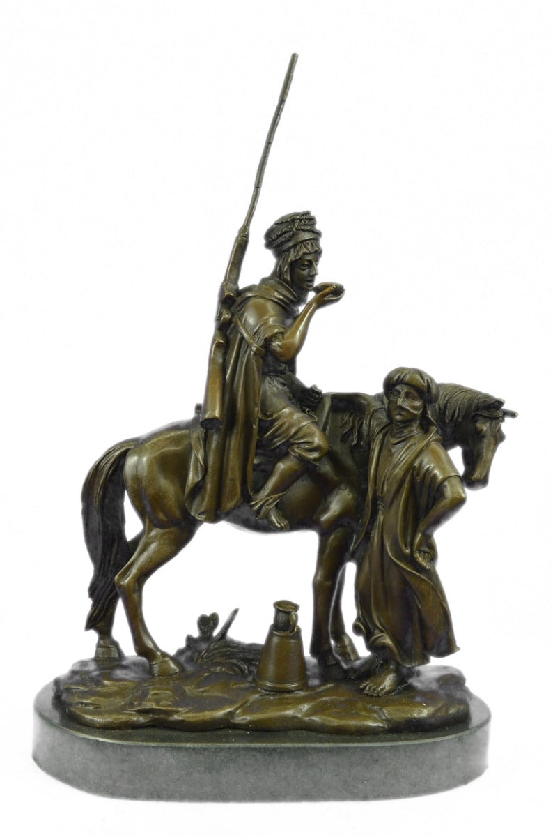 Middle Eastern Scene Bronze Sculpture Arab Man on Horse with Woman Bronze Statue