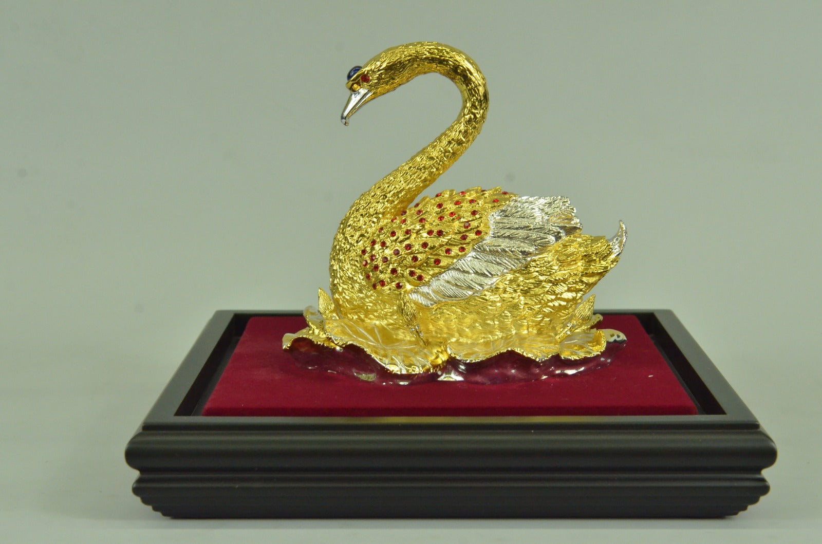 Handcrafted 24K Gold and Silver Covered Bronze Swan in Glass Display