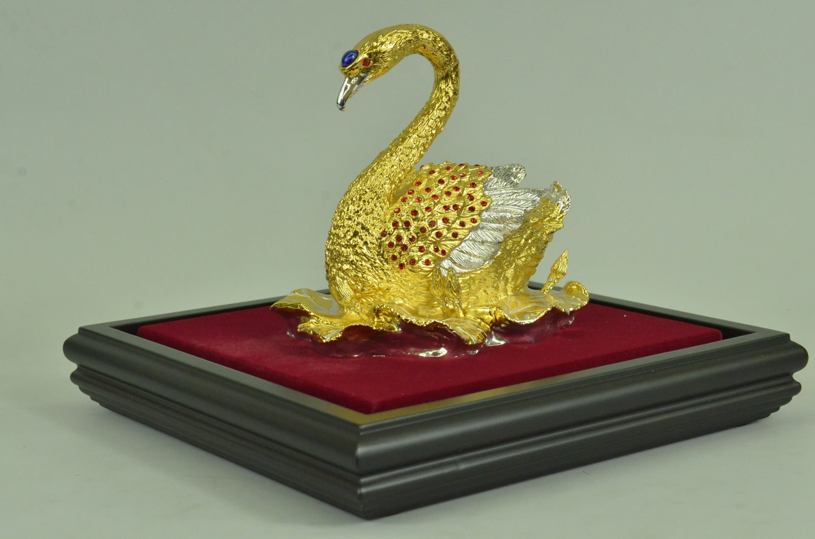 Handcrafted 24K Gold and Silver Covered Bronze Swan in Glass Display