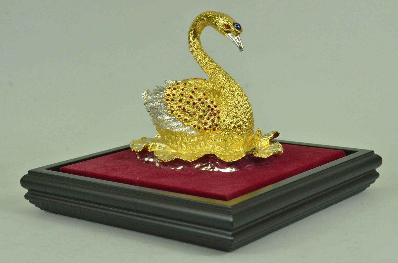 Handcrafted 24K Gold and Silver Covered Bronze Swan in Glass Display