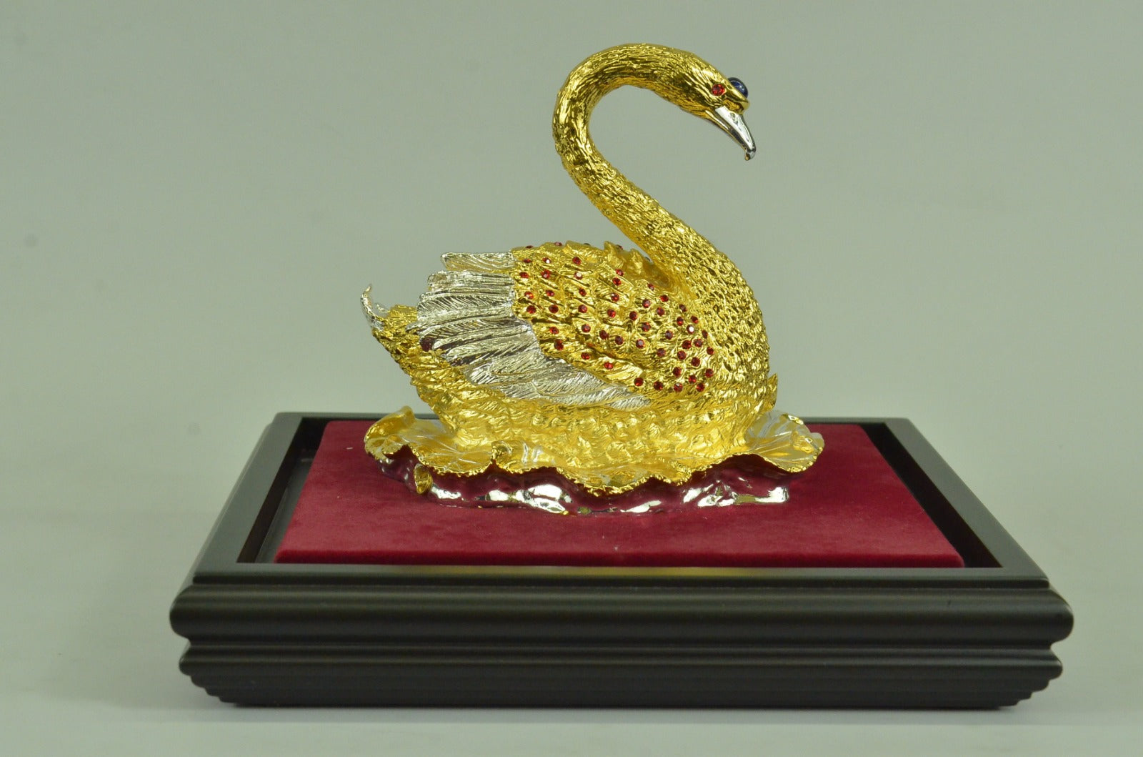 Handcrafted 24K Gold and Silver Covered Bronze Swan in Glass Display