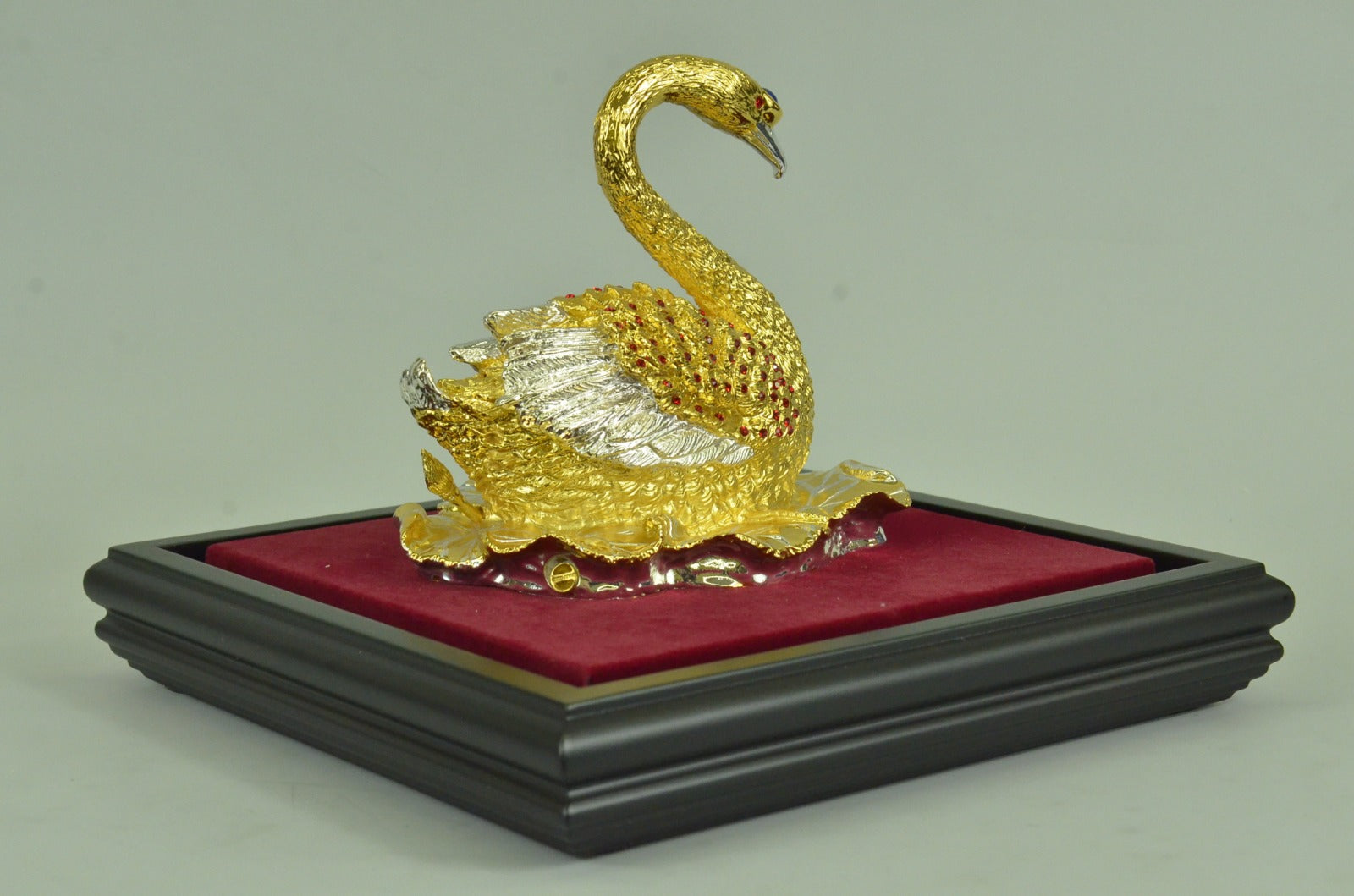 Handcrafted 24K Gold and Silver Covered Bronze Swan in Glass Display