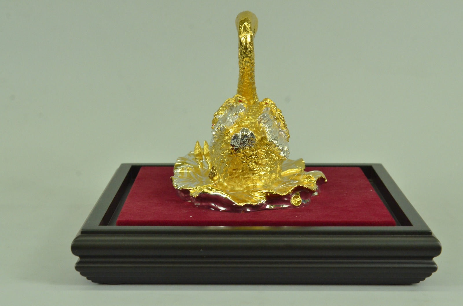 Handcrafted 24K Gold and Silver Covered Bronze Swan in Glass Display