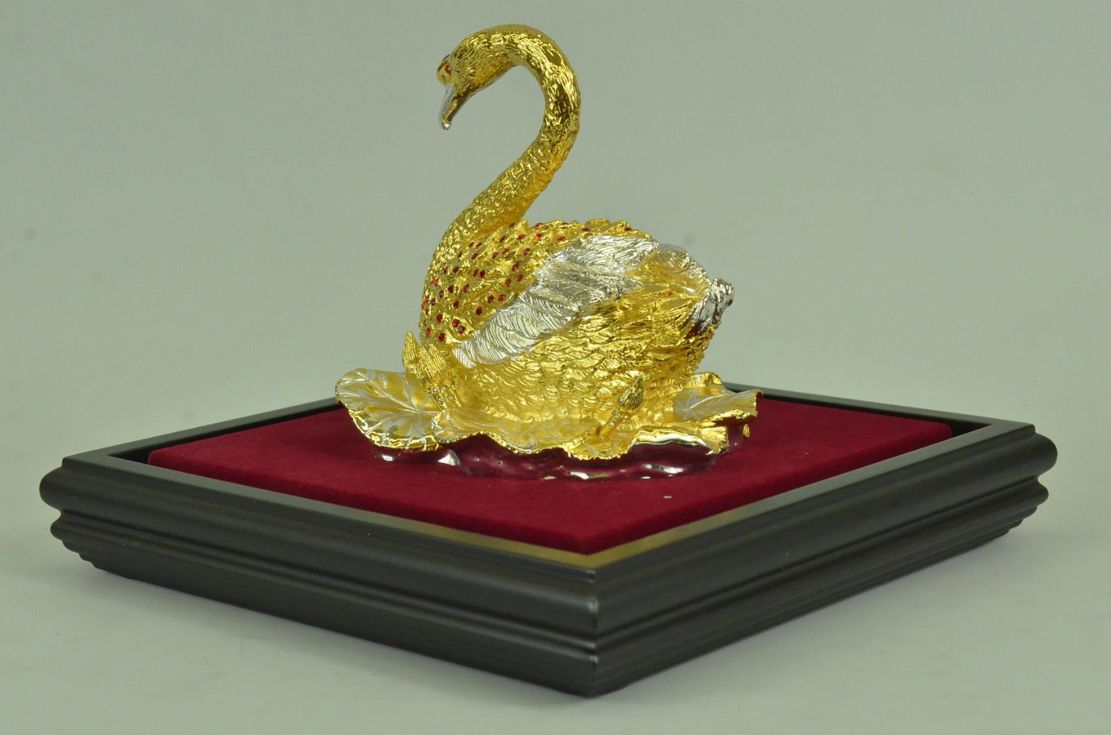 Handcrafted 24K Gold and Silver Covered Bronze Swan in Glass Display