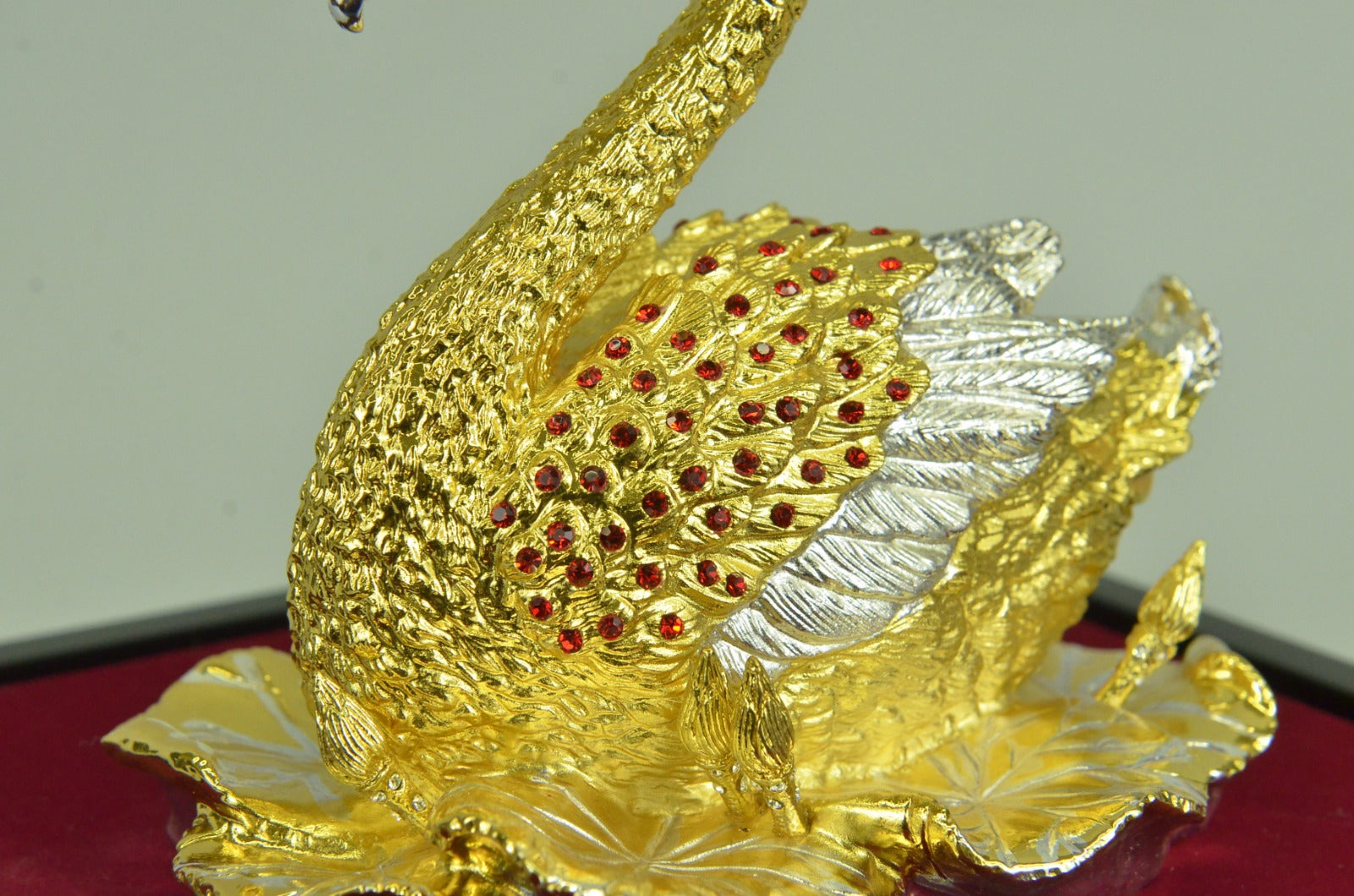 Handcrafted 24K Gold and Silver Covered Bronze Swan in Glass Display