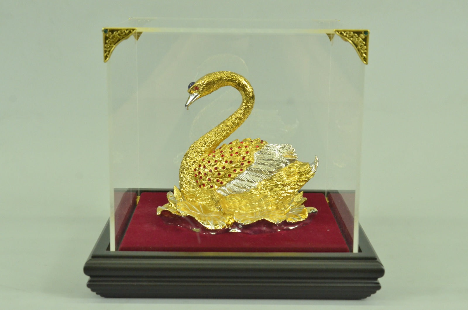 Handcrafted 24K Gold and Silver Covered Bronze Swan in Glass Display