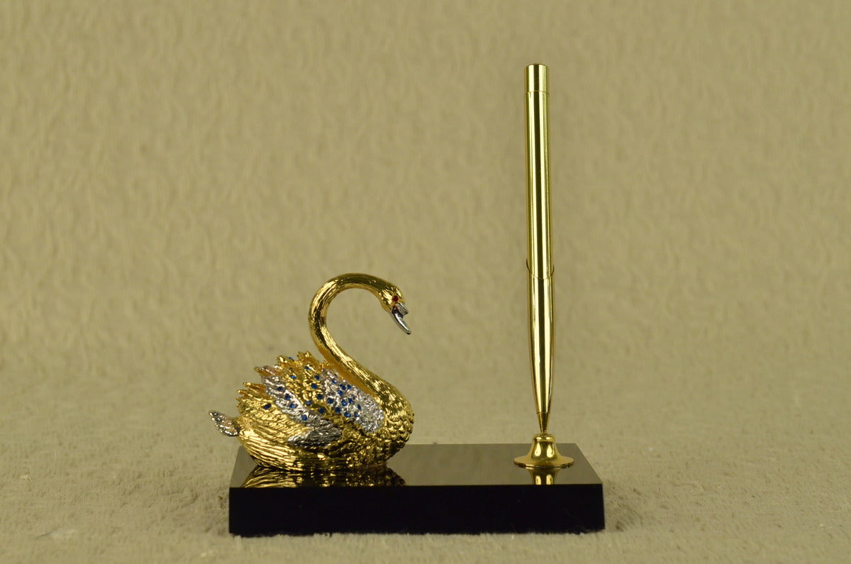 Handcrafted bronze sculpture SALE Quality With Holder Pen Swan Plated Gold 24K