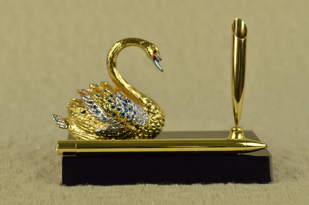 Handcrafted bronze sculpture SALE Quality With Holder Pen Swan Plated Gold 24K