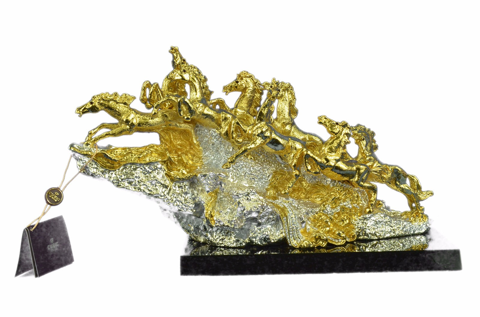 24K GOLD PLATED EIGHT MUSTANG HORSES BRONZE STATUE ABSTRACT MODERN ART DECOR