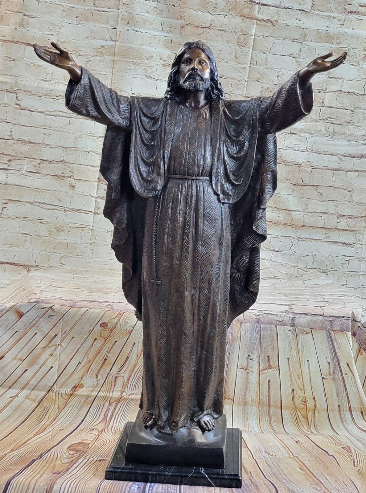 Large French Religious Bronze Statue Jesus With open Arms Lost Wax Method Statue