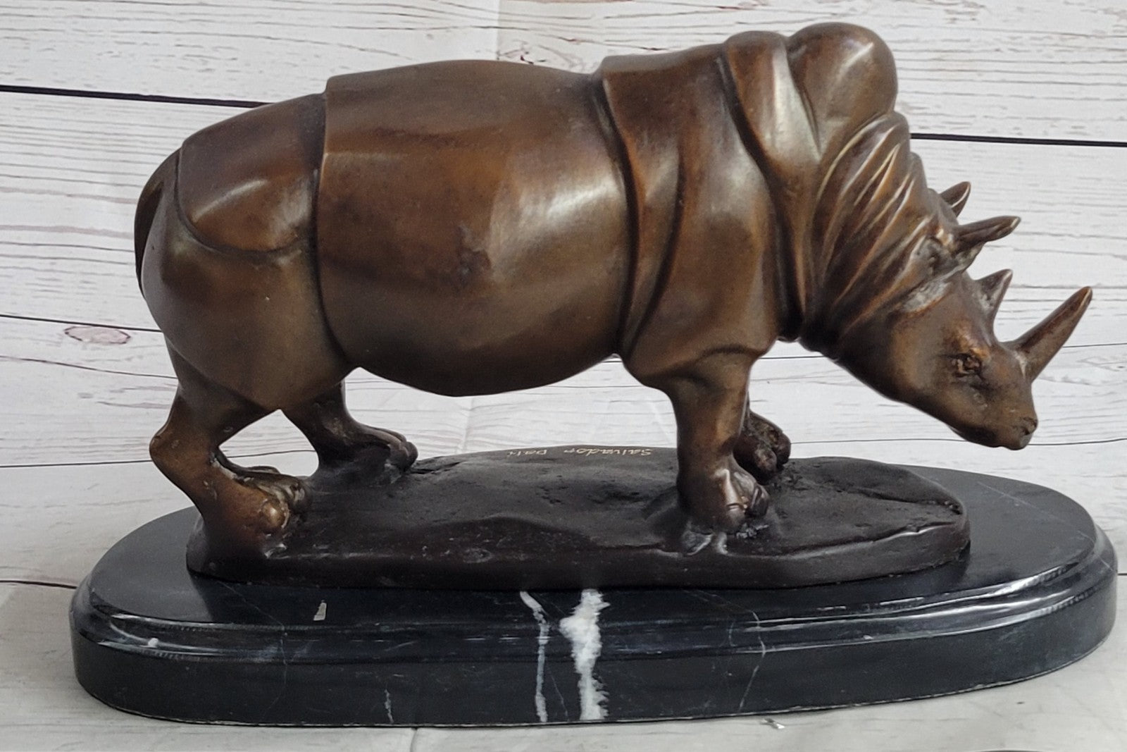 Pure Bronze Rhino Statue on Marble Base  - Large Figurine by Salvador Dali