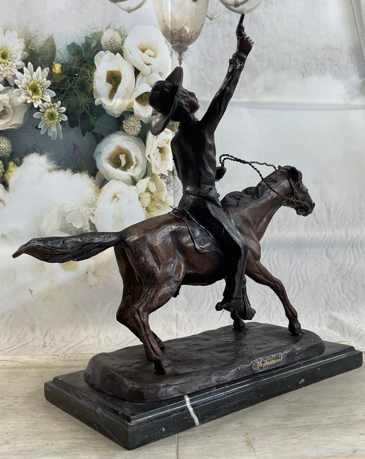 Bronze Cowboy Sculpture Lasso Western Horse Fine Art Remington Russell 23lb 17in