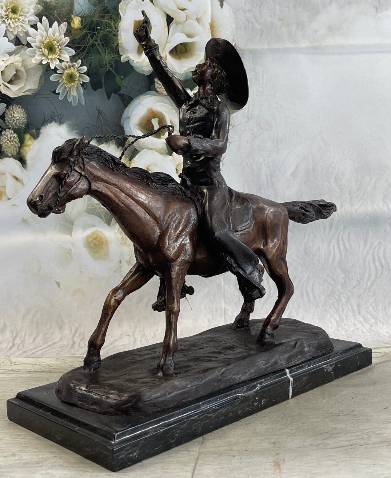 Bronze Cowboy Sculpture Lasso Western Horse Fine Art Remington Russell 23lb 17in