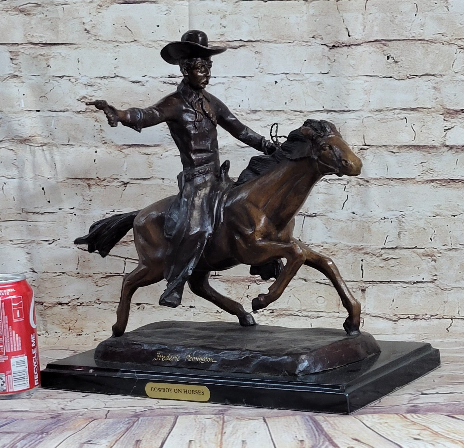 WESTERN COWBOY ON HORSE Handcrafted Decor Art Bronze Sculpture Statue Figurine T