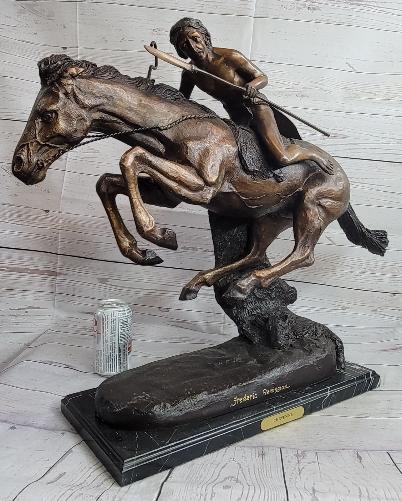 LARGE VINTAGE BRONZE SCULPTURE "THE CHEYENNE"BY FREDERIC REMINGTON 27" LENGTH