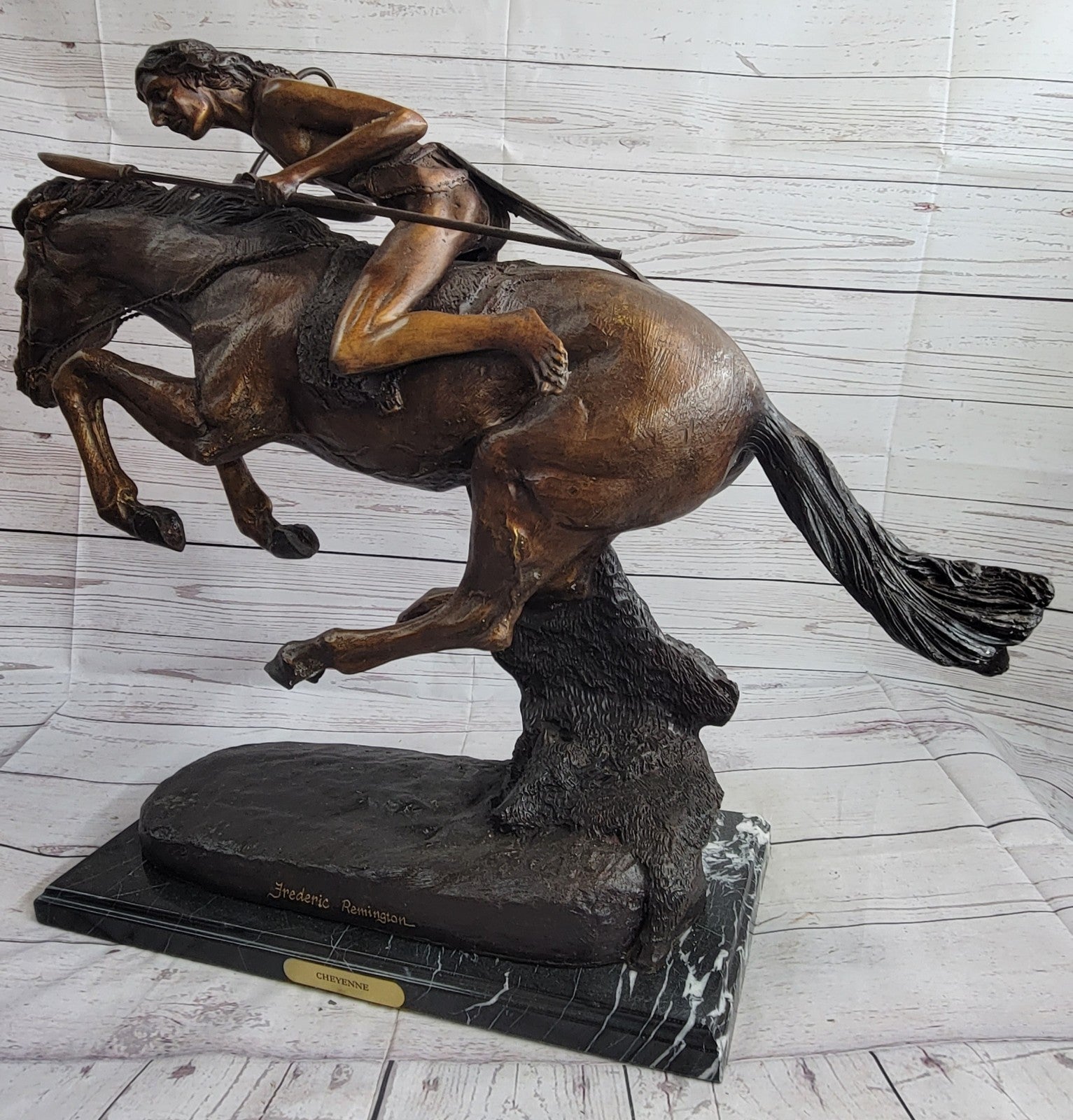 LARGE VINTAGE BRONZE SCULPTURE "THE CHEYENNE"BY FREDERIC REMINGTON 27" LENGTH