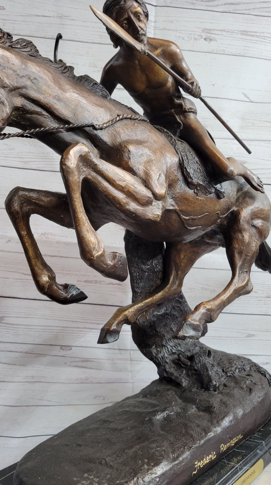 LARGE VINTAGE BRONZE SCULPTURE "THE CHEYENNE"BY FREDERIC REMINGTON 27" LENGTH