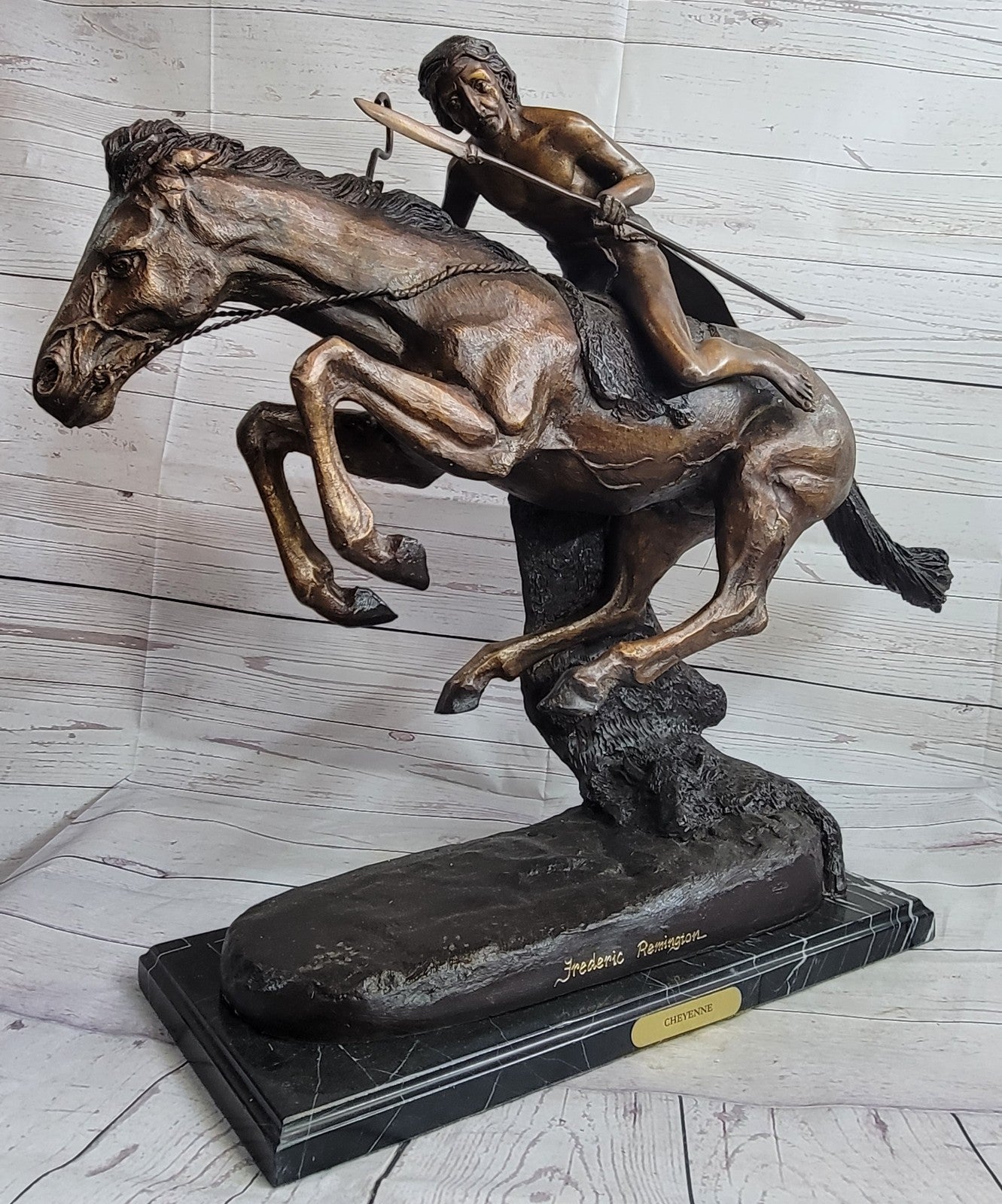 LARGE VINTAGE BRONZE SCULPTURE "THE CHEYENNE"BY FREDERIC REMINGTON 27" LENGTH