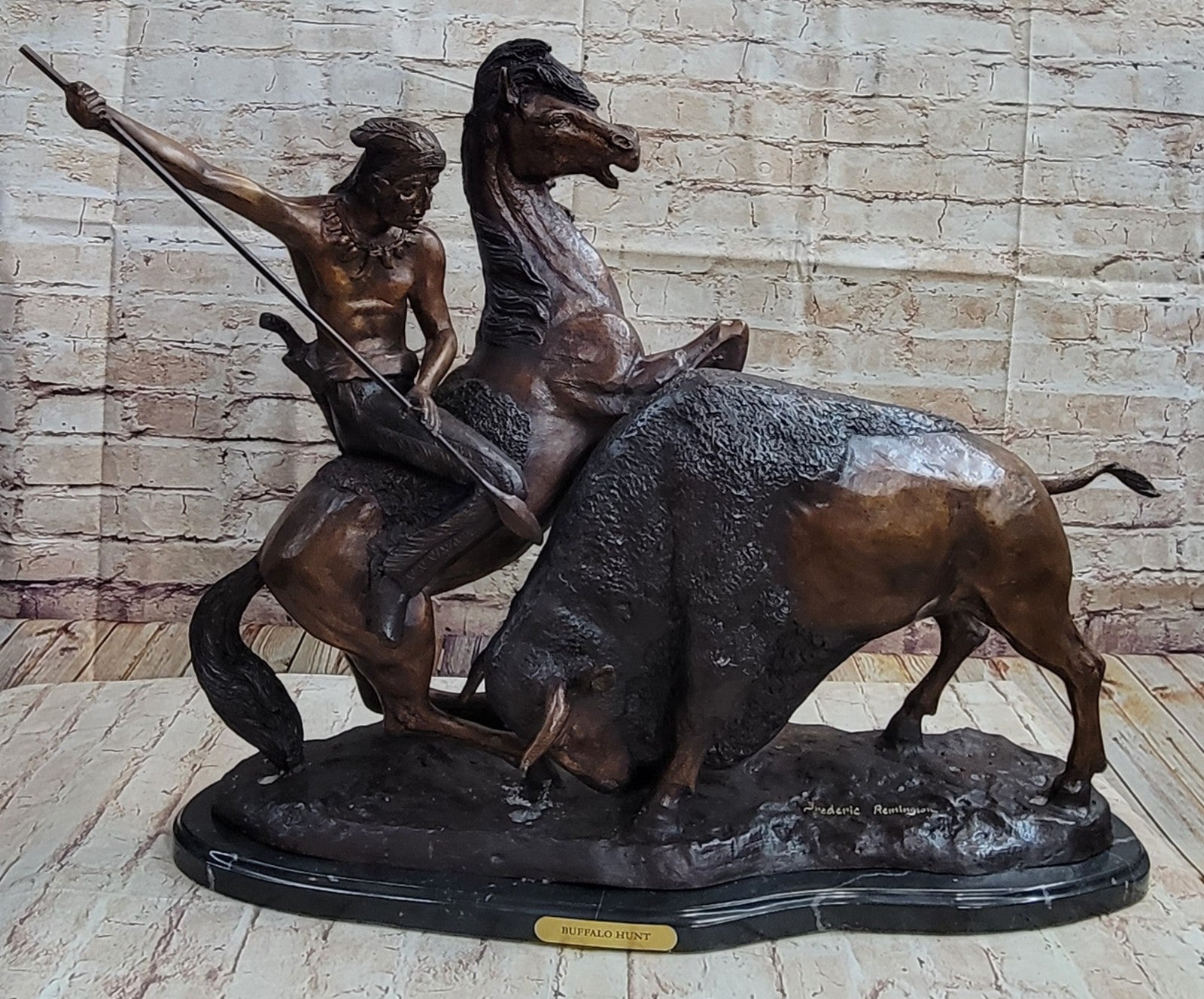 Handcrafted bronze sculpture SALE By Russell Solid Collectible Hunt" Buffalo *