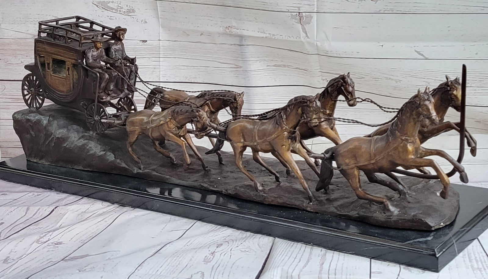 80 LBS HOT CAST ADVENTURE ACTION HORSES BRONZE STATUE STAGE COACH OLD WEST SALE