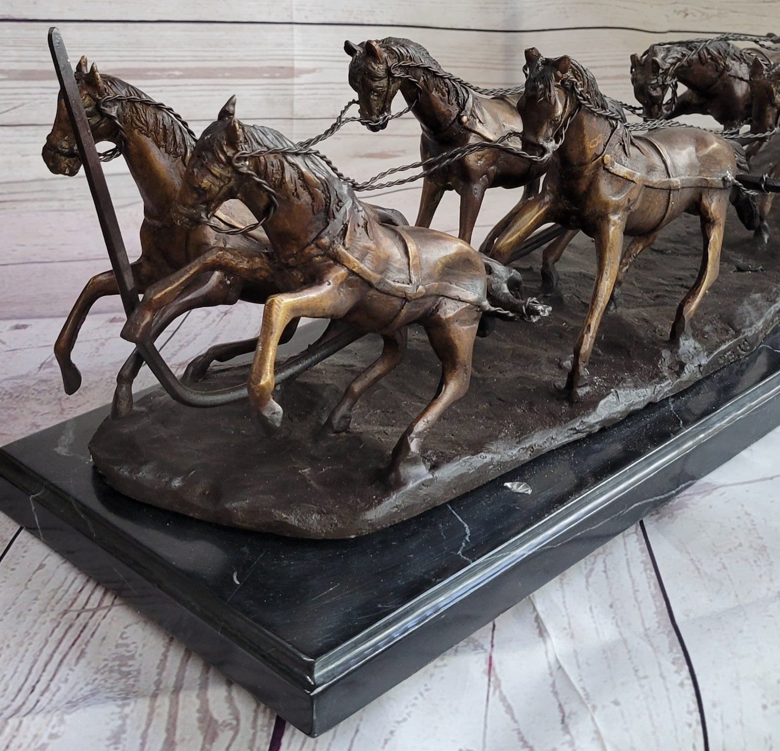 80 LBS HOT CAST ADVENTURE ACTION HORSES BRONZE STATUE STAGE COACH OLD WEST SALE