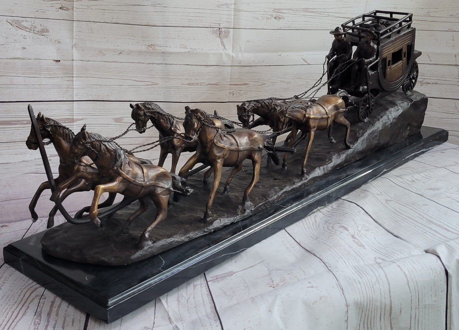 80 LBS HOT CAST ADVENTURE ACTION HORSES BRONZE STATUE STAGE COACH OLD WEST SALE