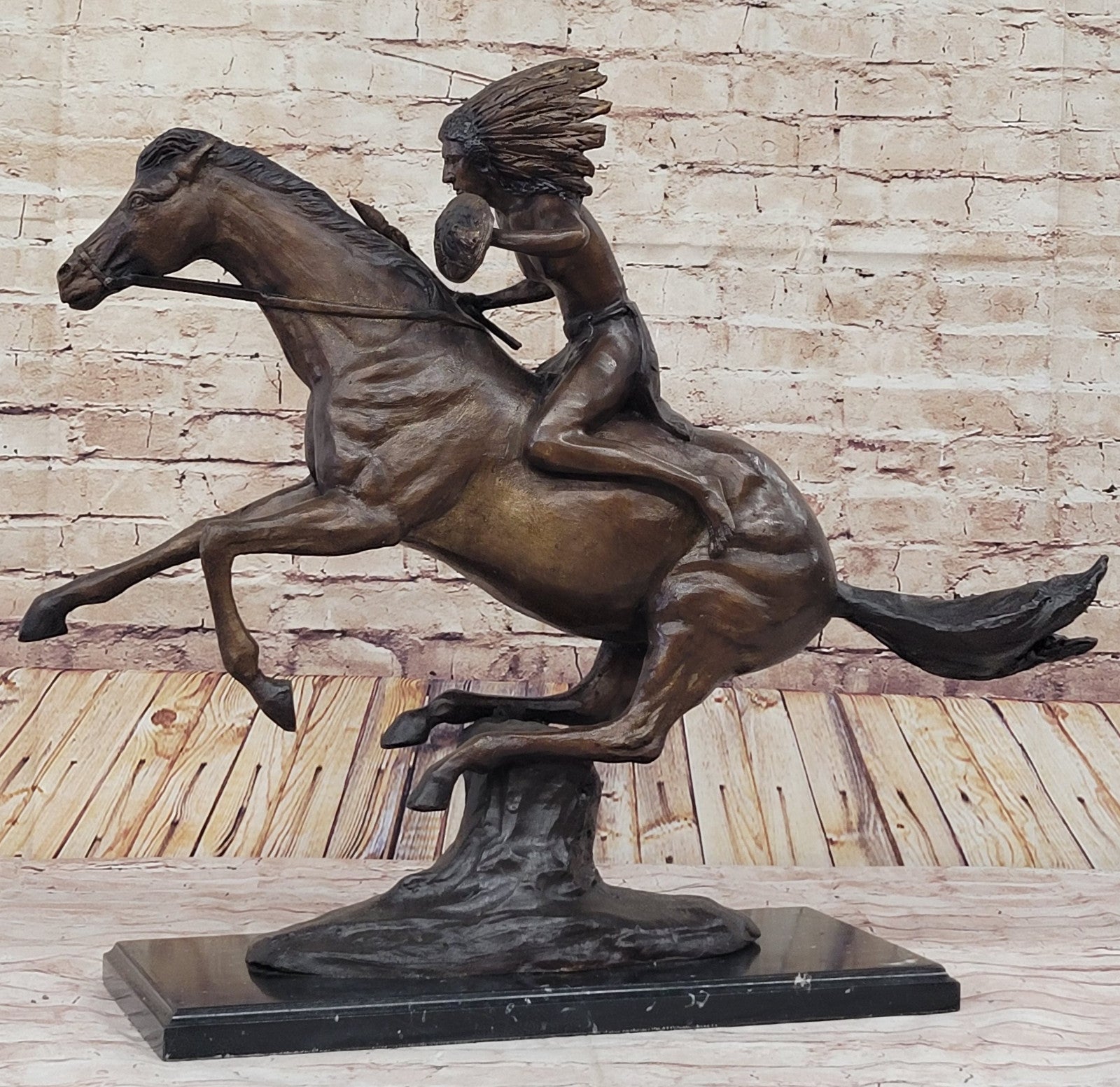 Signed Remington Native American Indian Riding Horse Bronze Sculpture Statue Art