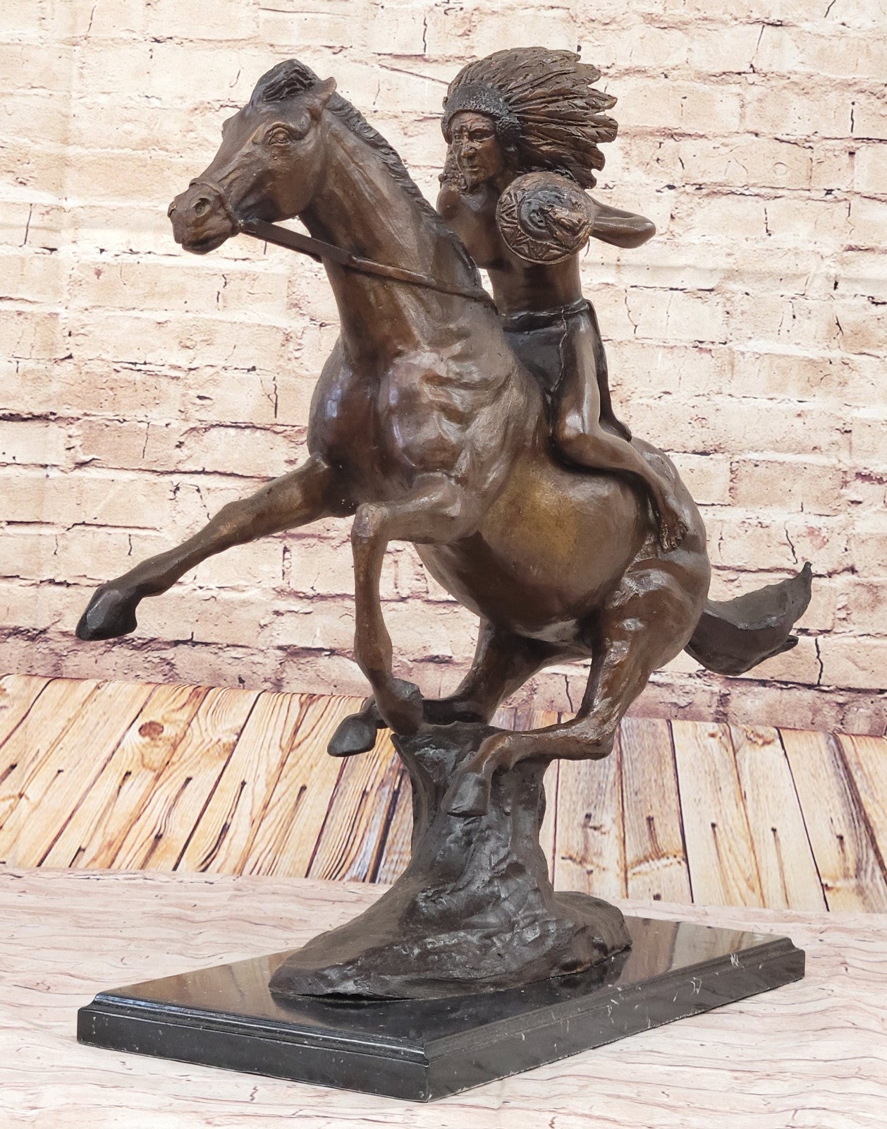 Signed Remington Native American Indian Riding Horse Bronze Sculpture Statue Art