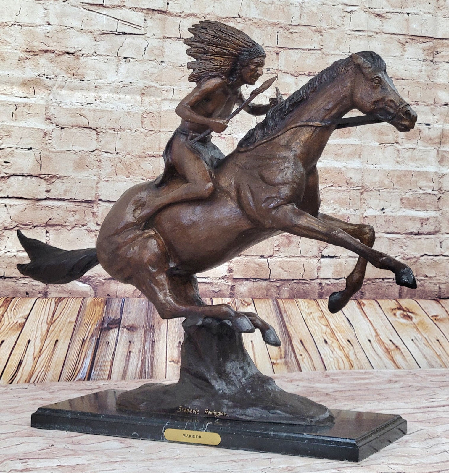 Signed Remington Native American Indian Riding Horse Bronze Sculpture Statue Art