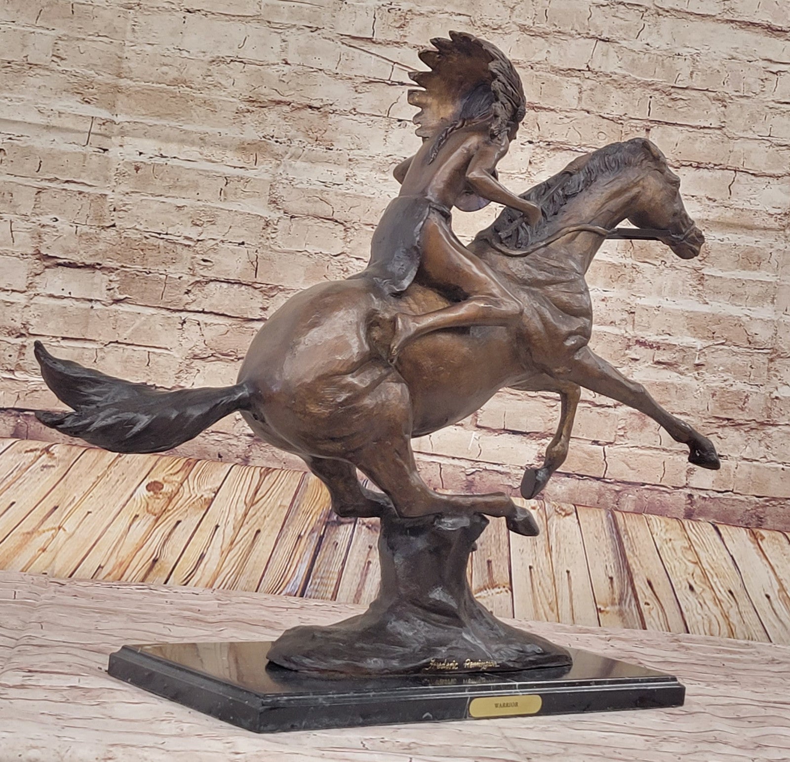 Signed Remington Native American Indian Riding Horse Bronze Sculpture Statue Art