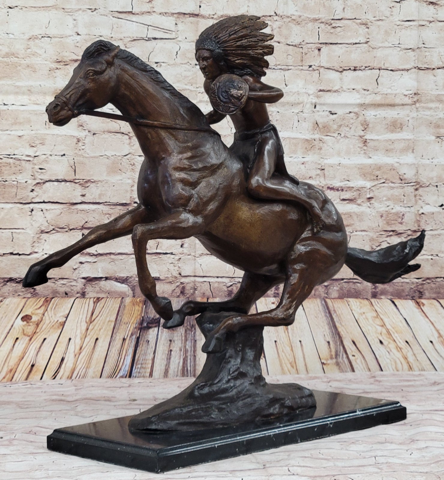 Signed Remington Native American Indian Riding Horse Bronze Sculpture Statue Art