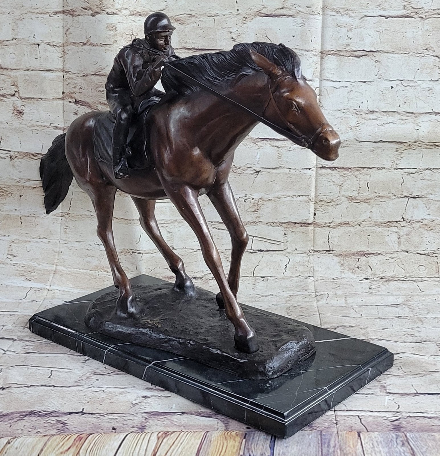 Bronze Sculpture Original  Signed Statue Of Jockey& Race Horse Office Trophy