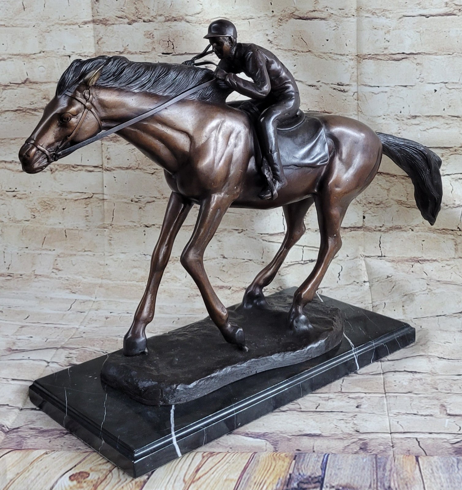 Bronze Sculpture Original  Signed Statue Of Jockey& Race Horse Office Trophy