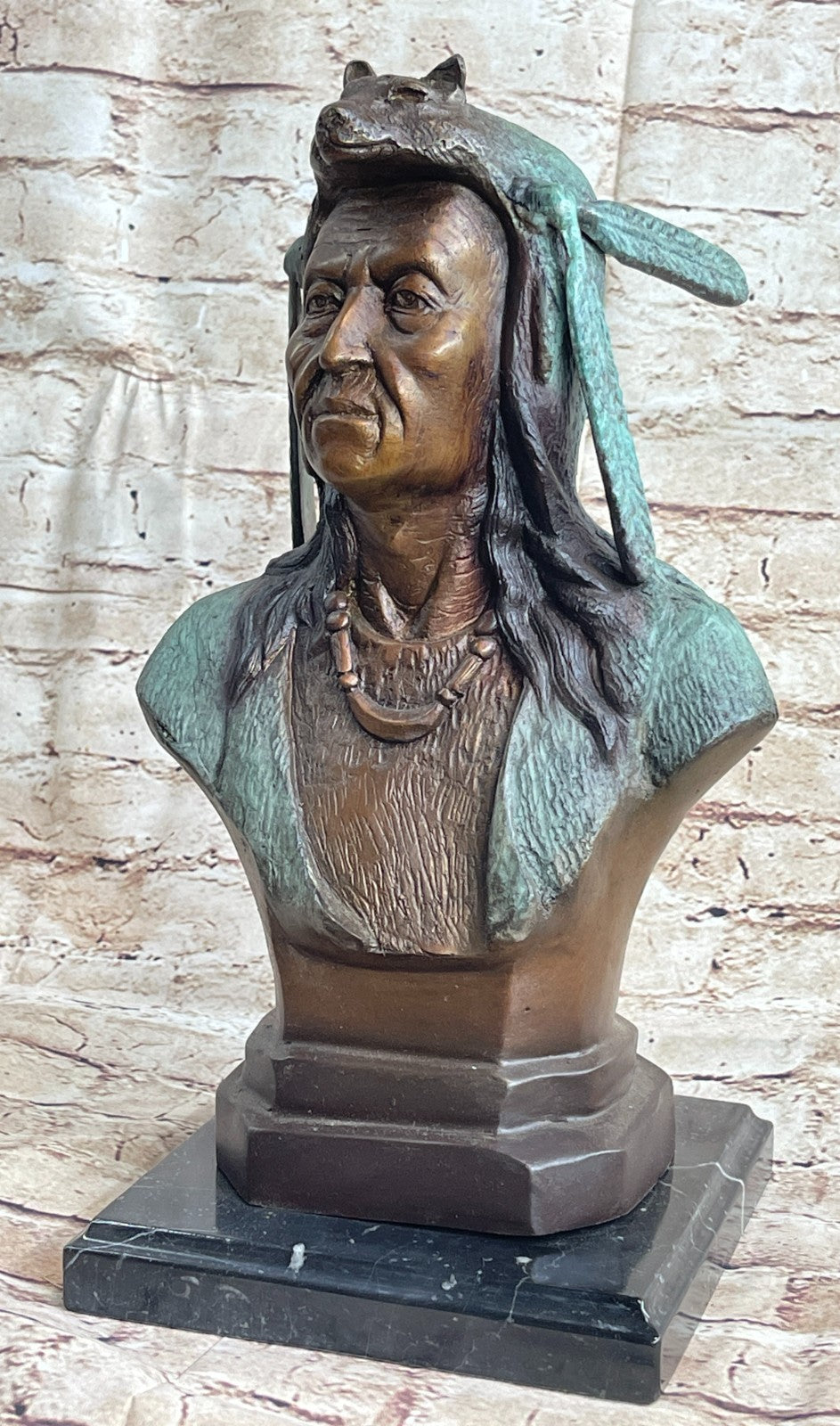 American Indian Warrior Chief Bronze Sculpture But Special Color Patina Statue