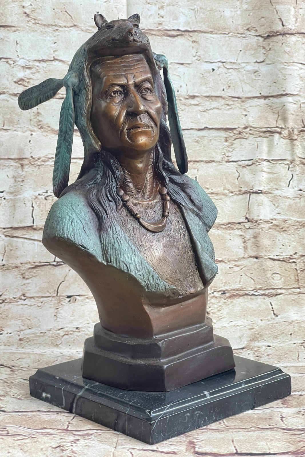 American Indian Warrior Chief Bronze Sculpture But Special Color Patina Statue